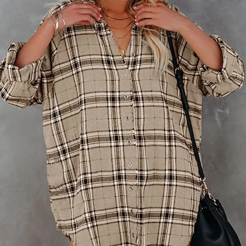 Plaid Printed V-neck Long Sleeve Top
