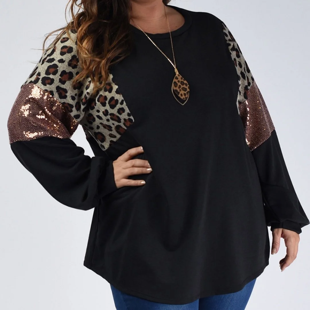 Plus Size Leopard Print Long Sleeve Pullover Sweatshirt