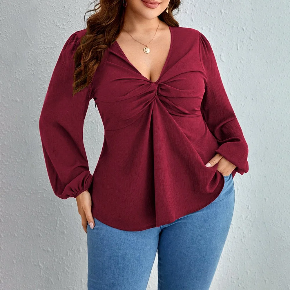Plus-Size Long-Sleeve Top for Women - Wine Red Ruffles