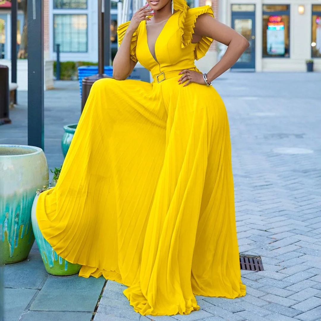 Plus-Size Pleated Wide-Leg Jumpsuit with Belt