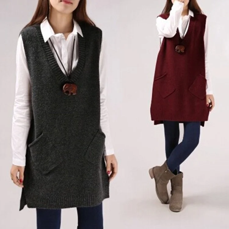 Plus-Size V-Neck Knitted Sweater Vest for Women, Loose Fit, One Size