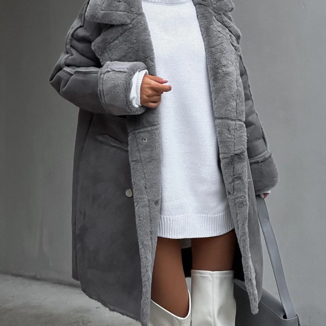 Plush Suede Long Cardigan Coat with Collar