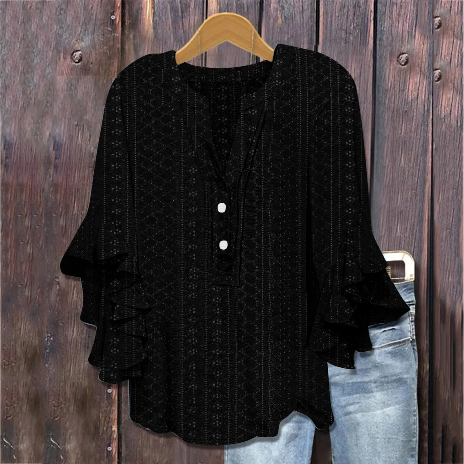 Printed Casual Trend V-neck Flounce Sleeve T-shirt