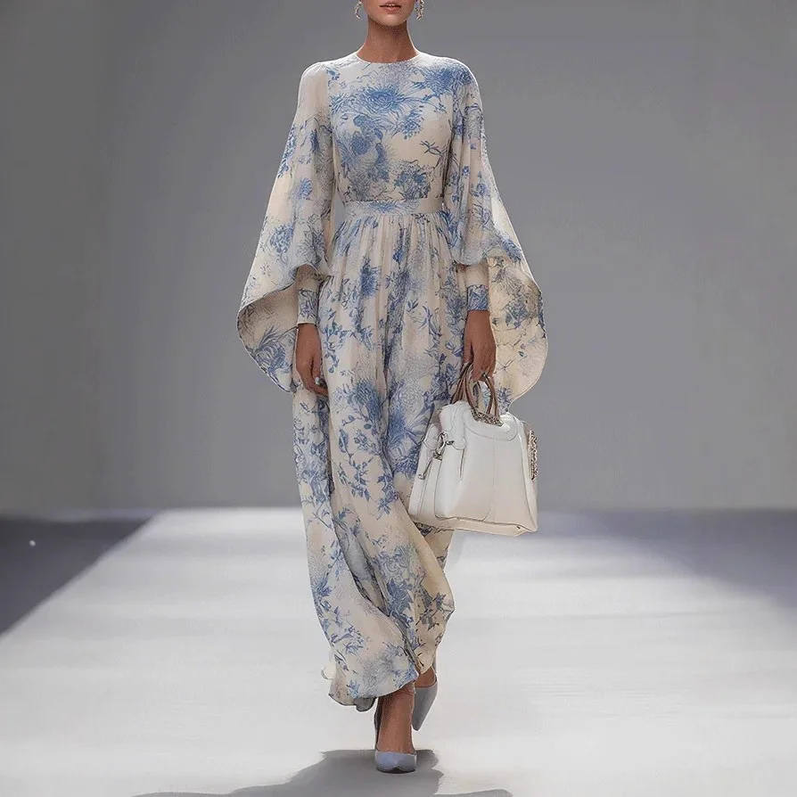 Printed French-style High-waisted Figure-hugging Long Dress with Long Flared Sleeves