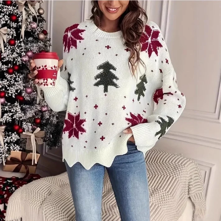 Printed Holiday Loose Casual Knit Sweater for Women