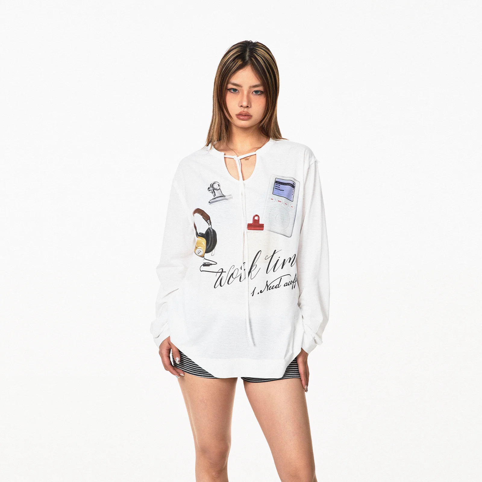Printed Lace Up V-neck Long-sleeved T-shirt Women's Tops Casual Bottoming Shirt
