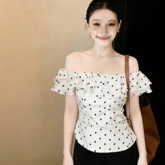Pure And Alluring Off-shoulder Chiffon Blouse With Ruffled Hemlines