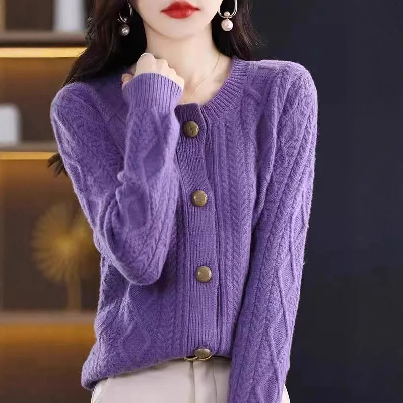 Pure Wool Diamond-patterned Outerwear or Layering Crew-neck Knit Sweater