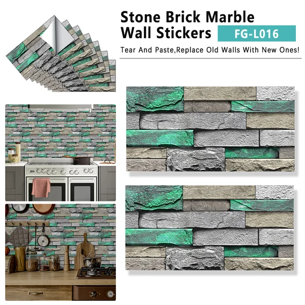 Pvc Green Brick and Stone Pattern Self-adhesive Wallpaper, Removable Without Leaving Glue, Peel and Stick Wall