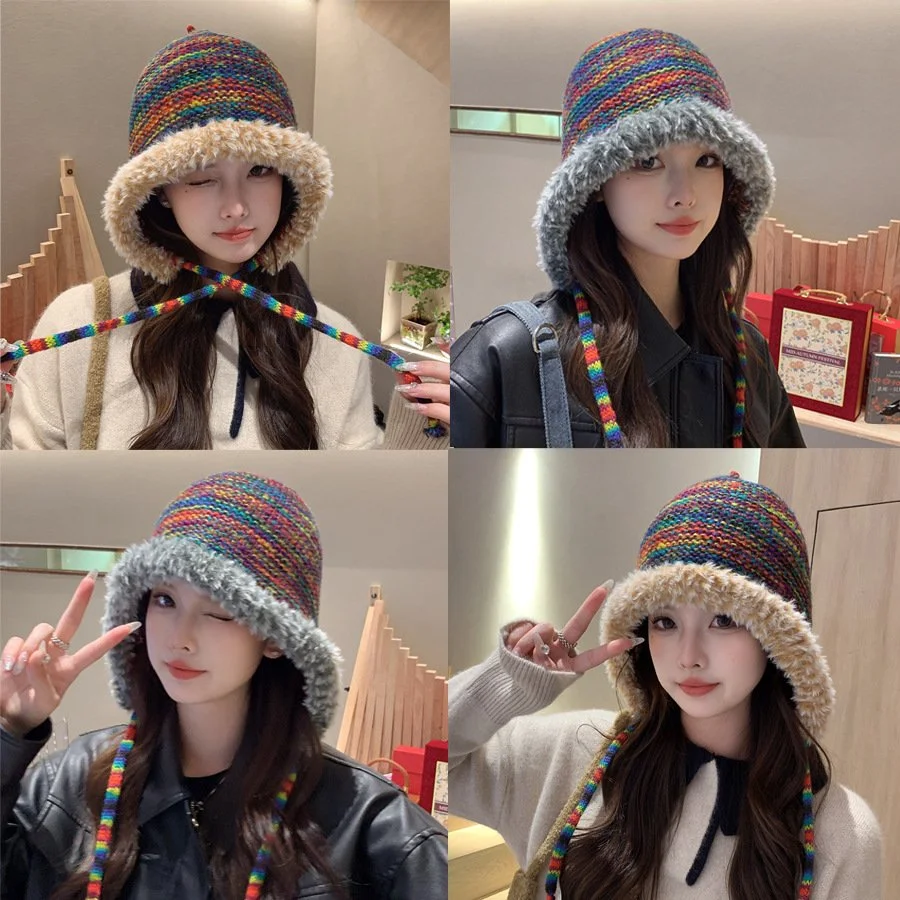 Rainbow Knitted Hat with Plush Edge Strap