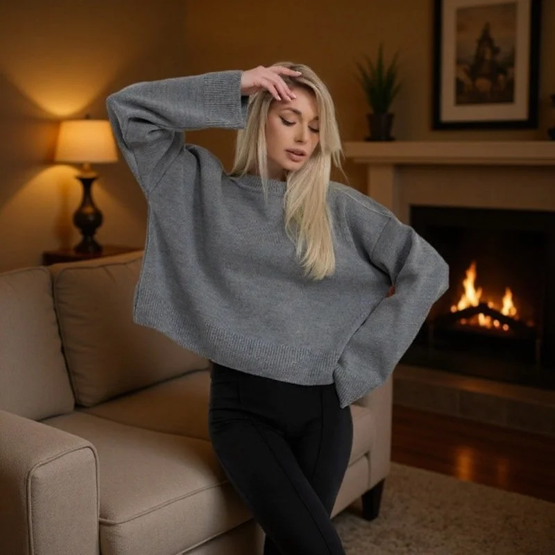 Relaxed Fit Long Sleeve Knit Sweater For Women