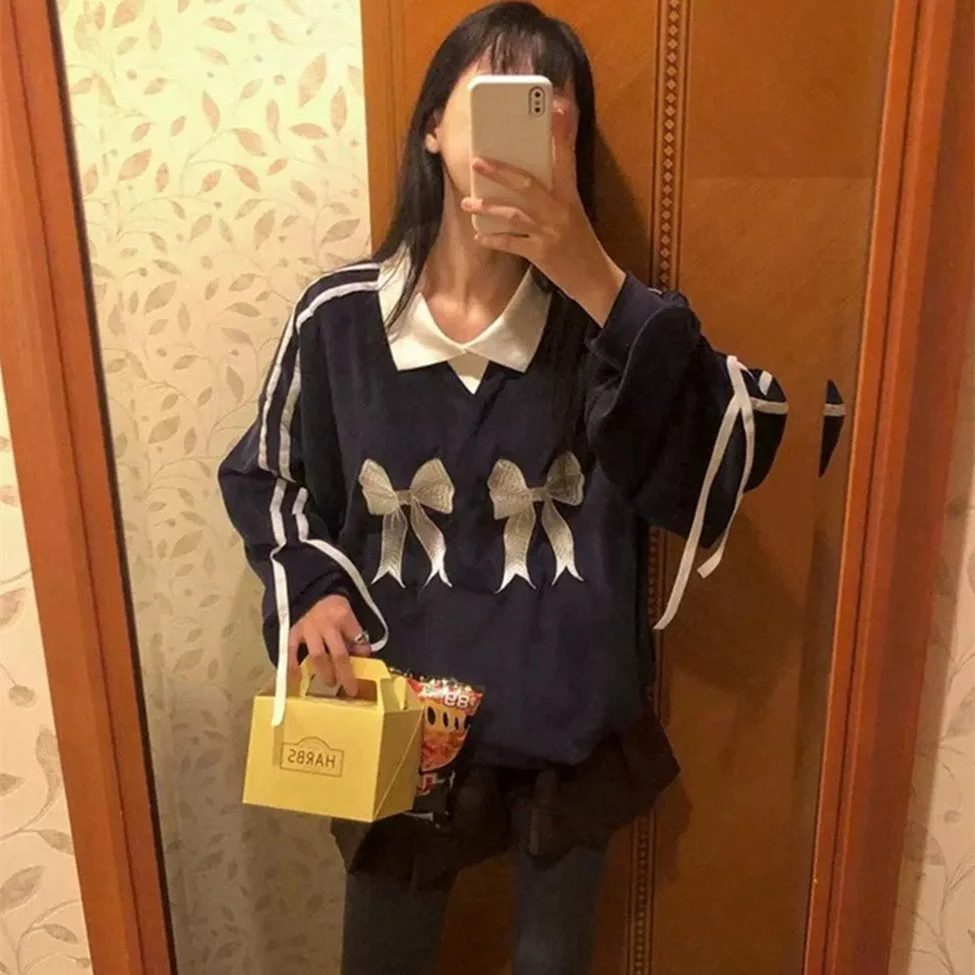 Retro Bow Embroidered Striped Contrast Knit Sweater