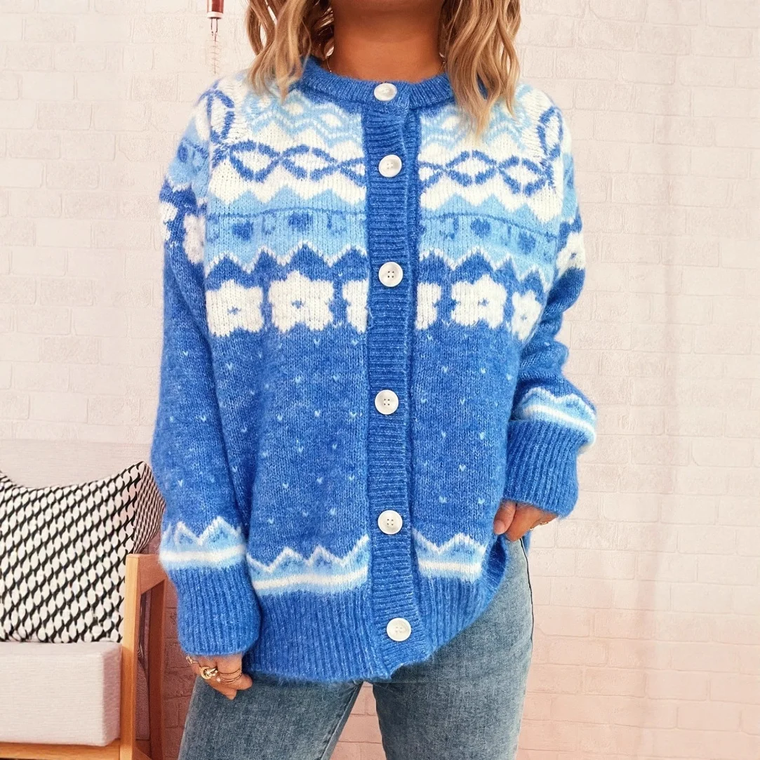 Retro Ethnic Style Knitted Jacquard Coat Round Neck Single-breasted Sweater