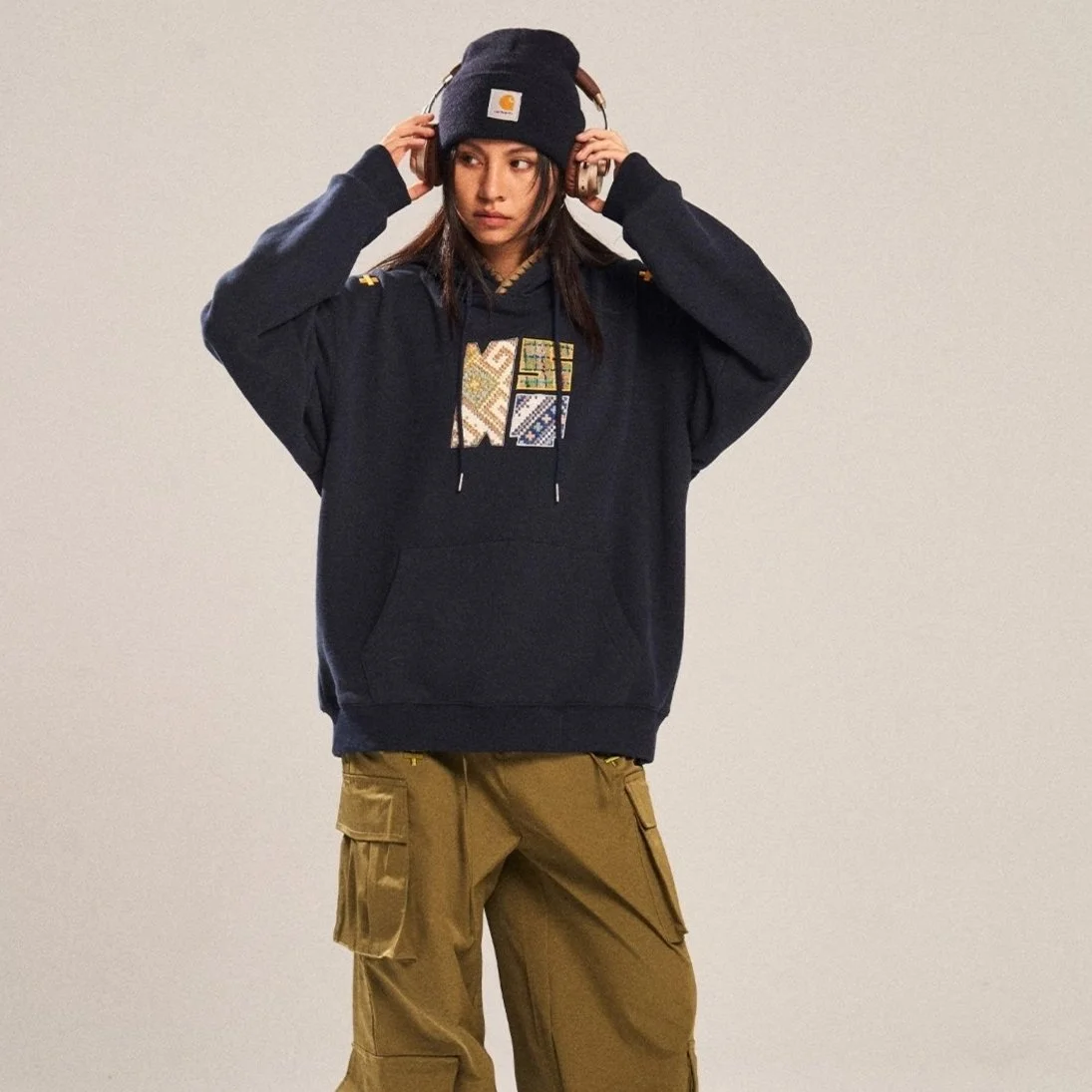 Retro Ethnic Woven Patch Loose Hooded Sweater