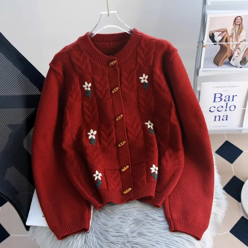 Retro Machine Embroidery Cable-knit Sweater Coat