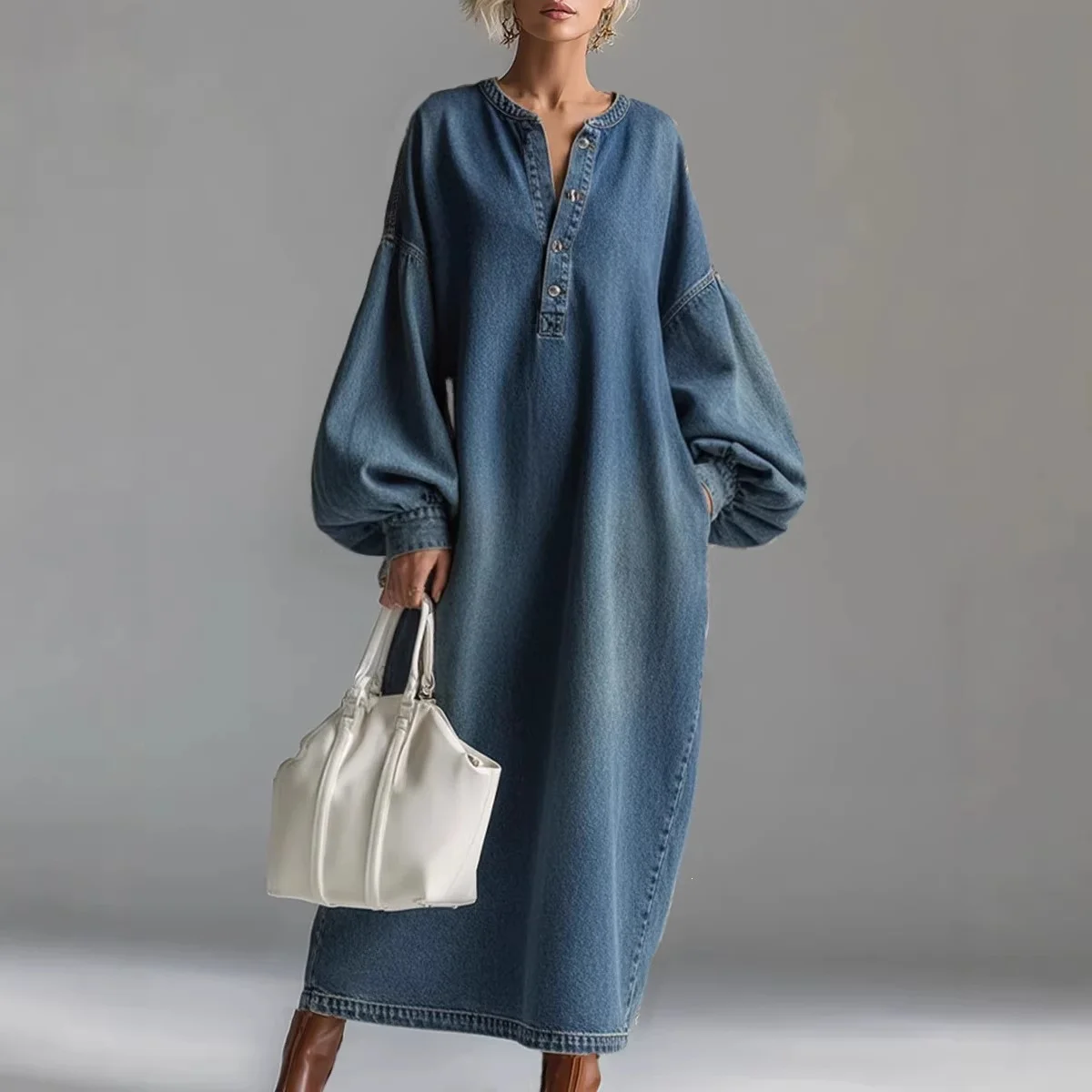 Retro Plus-size Stand-neck Mid-length Denim Skirt for Women