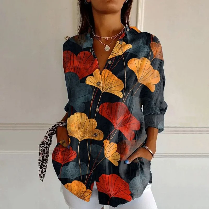 Retro Red Apricot Leaf Loose Print Shirt for Women