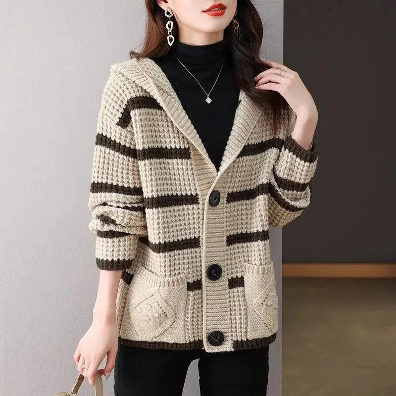 Retro Striped Hooded Cropped Sweater Coat