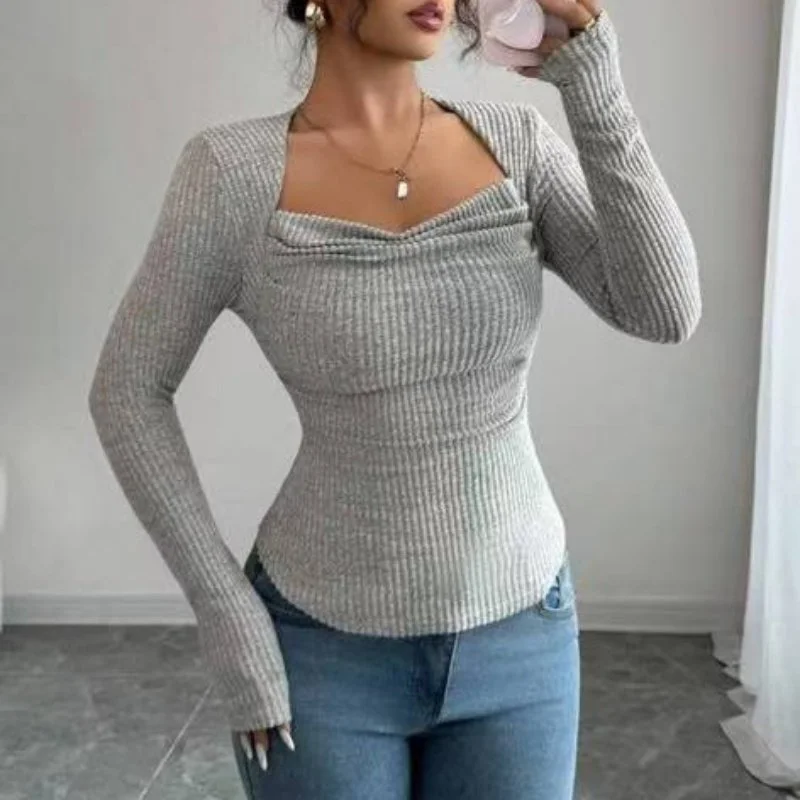 Ribbed Square-Neck Long-Sleeve Knit Top
