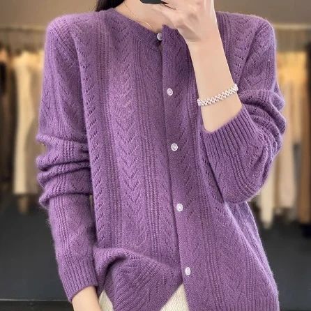 Round Neck Cardigan Hollow Cashmere Sweater Coat for Women