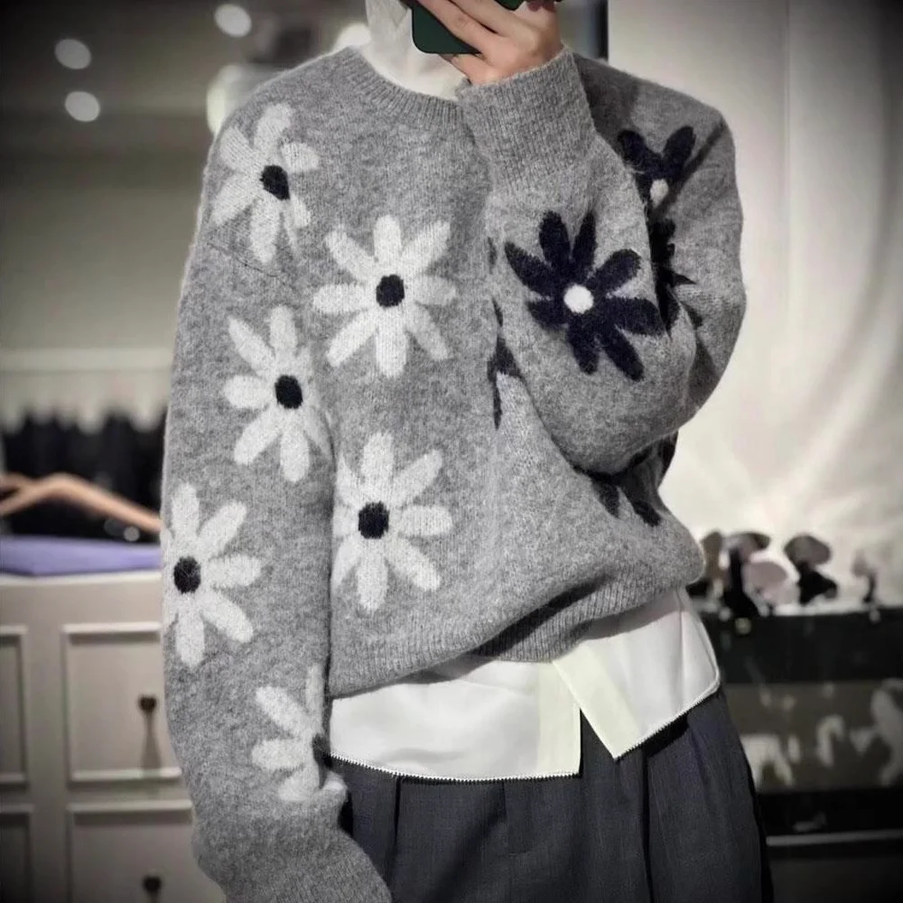 Round Neck Flower Western Style Soft Glutinous Loose and Lazy Style Pullover Sweater
