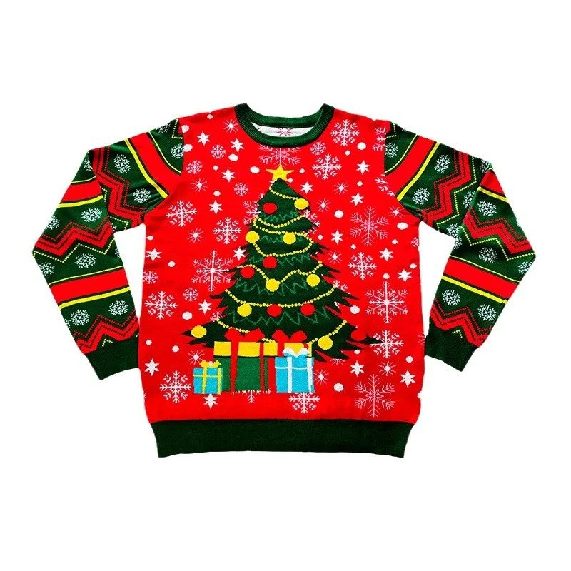 Round Neck Knitted Christmas Sweater European and American Red Pullover Jacquard