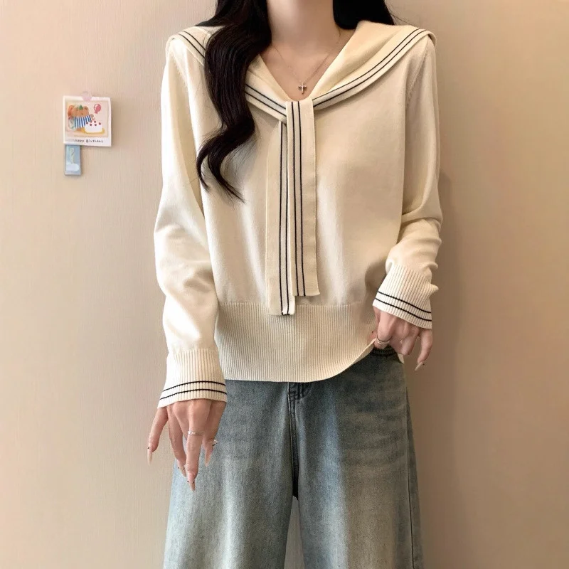 Sailor Collar Lace-up Striped Knitted Coat Women's Sweater