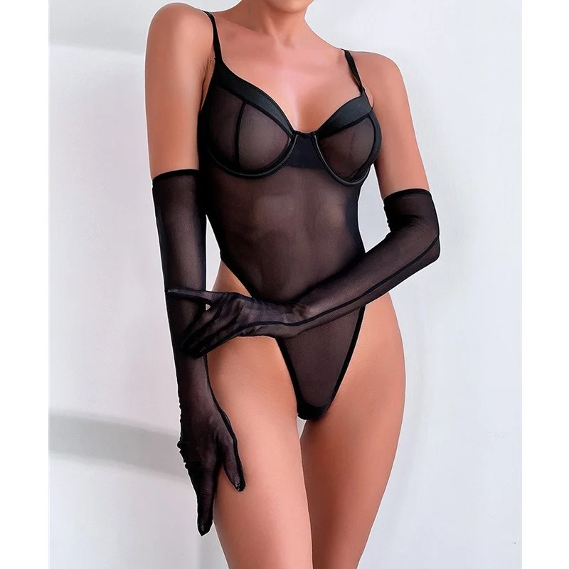 Seductive Lace Mesh Jumpsuit with Gloves