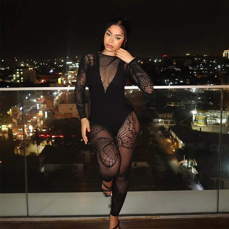 Sexy Butterfly See-Through Long Sleeve Romper Jumpsuit