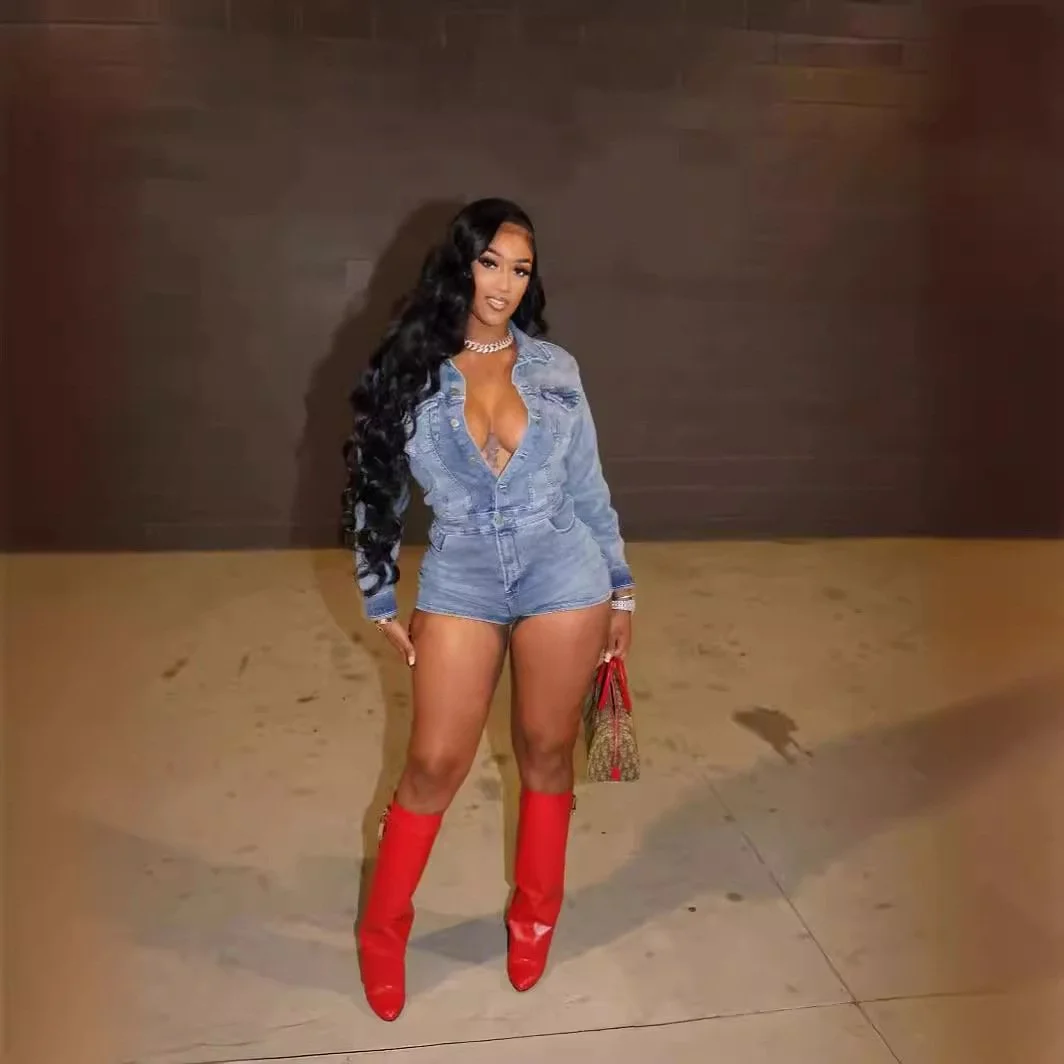 Sexy Long-Sleeve Slim-Fit Stretch Denim Jumpsuit Shorts