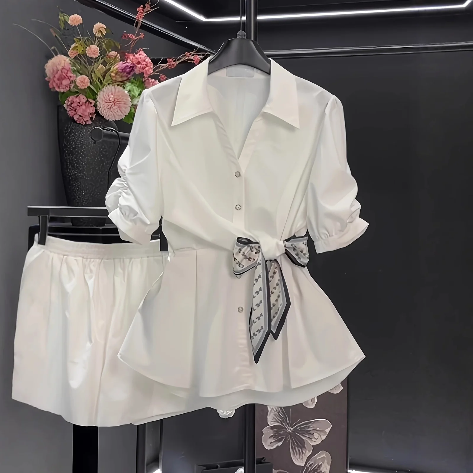 Short-sleeve Top Petite Shirt Fitted-waist Blouse