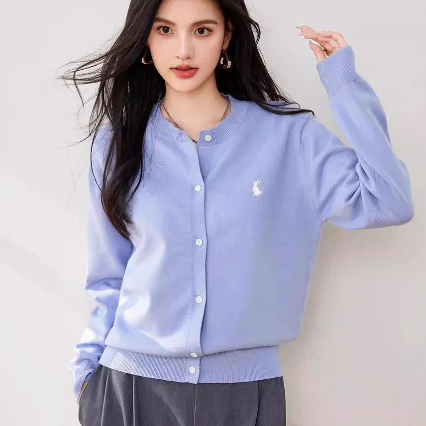 Simple Wool Cardigan Women's Sweater Coat Embroidered Rabbit Solid Color