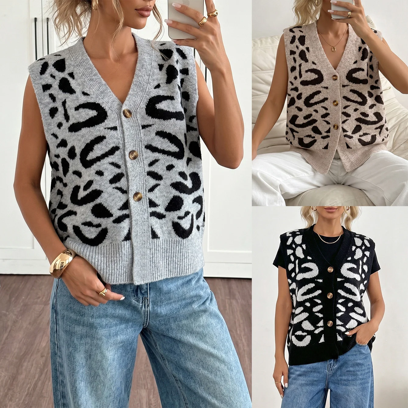 Single-breasted Cardigan Sweater Womens Loose-fit Vest