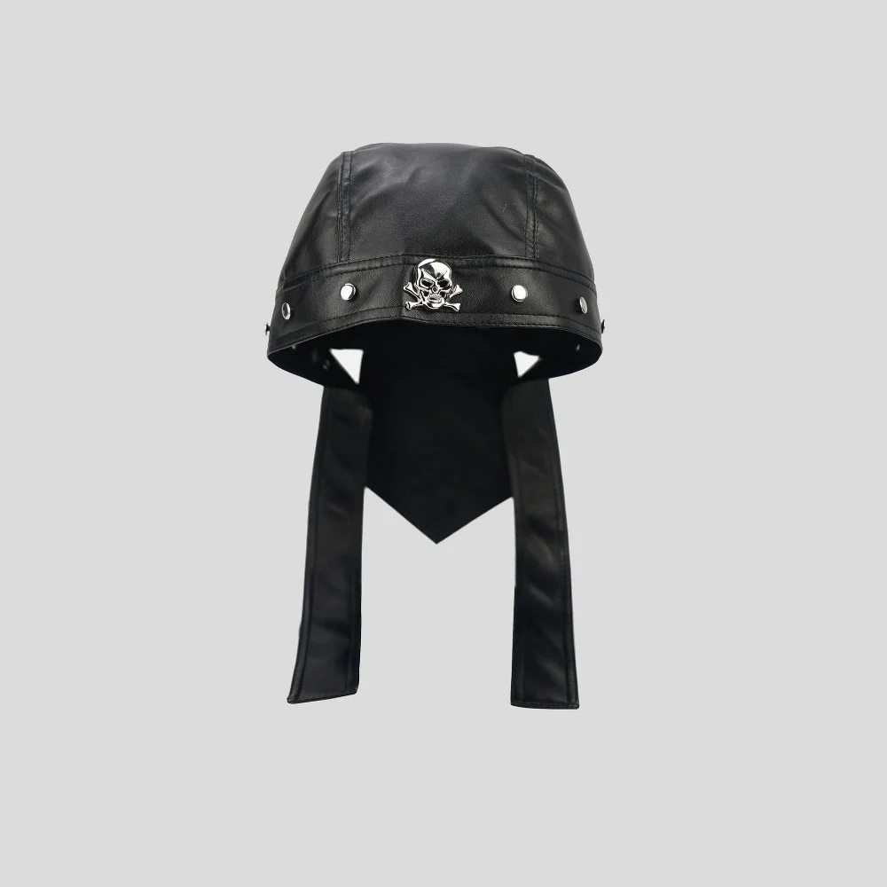 Skull Rivet Punk Hat for Men & Women, Black Leather Motorcycle Hat