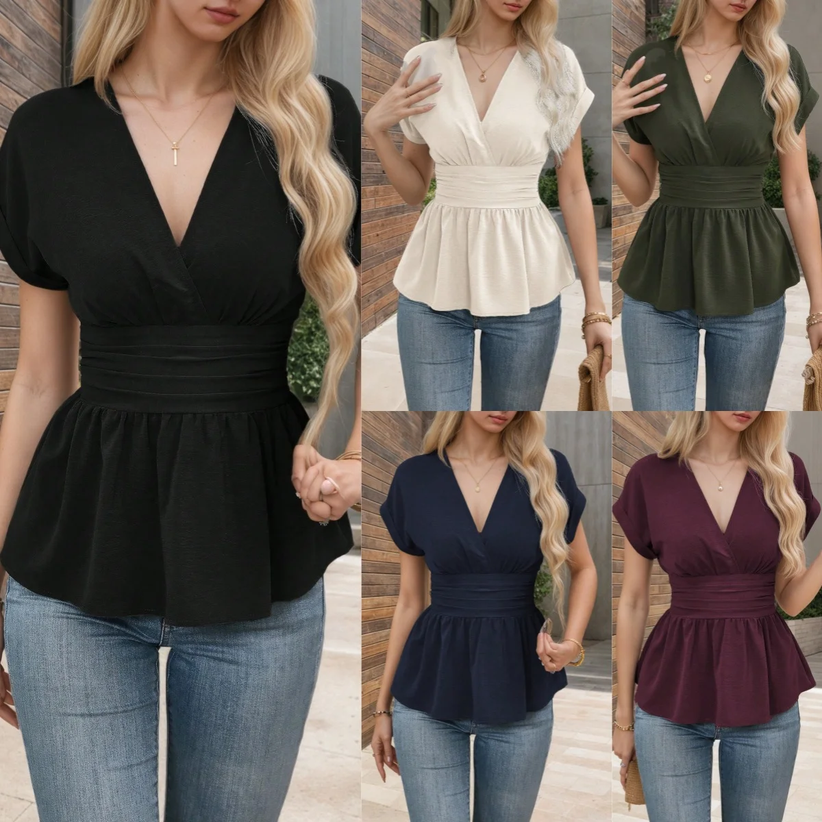 Slim-Fit V‑Neck Pleated Tee – Flattering Summer Top