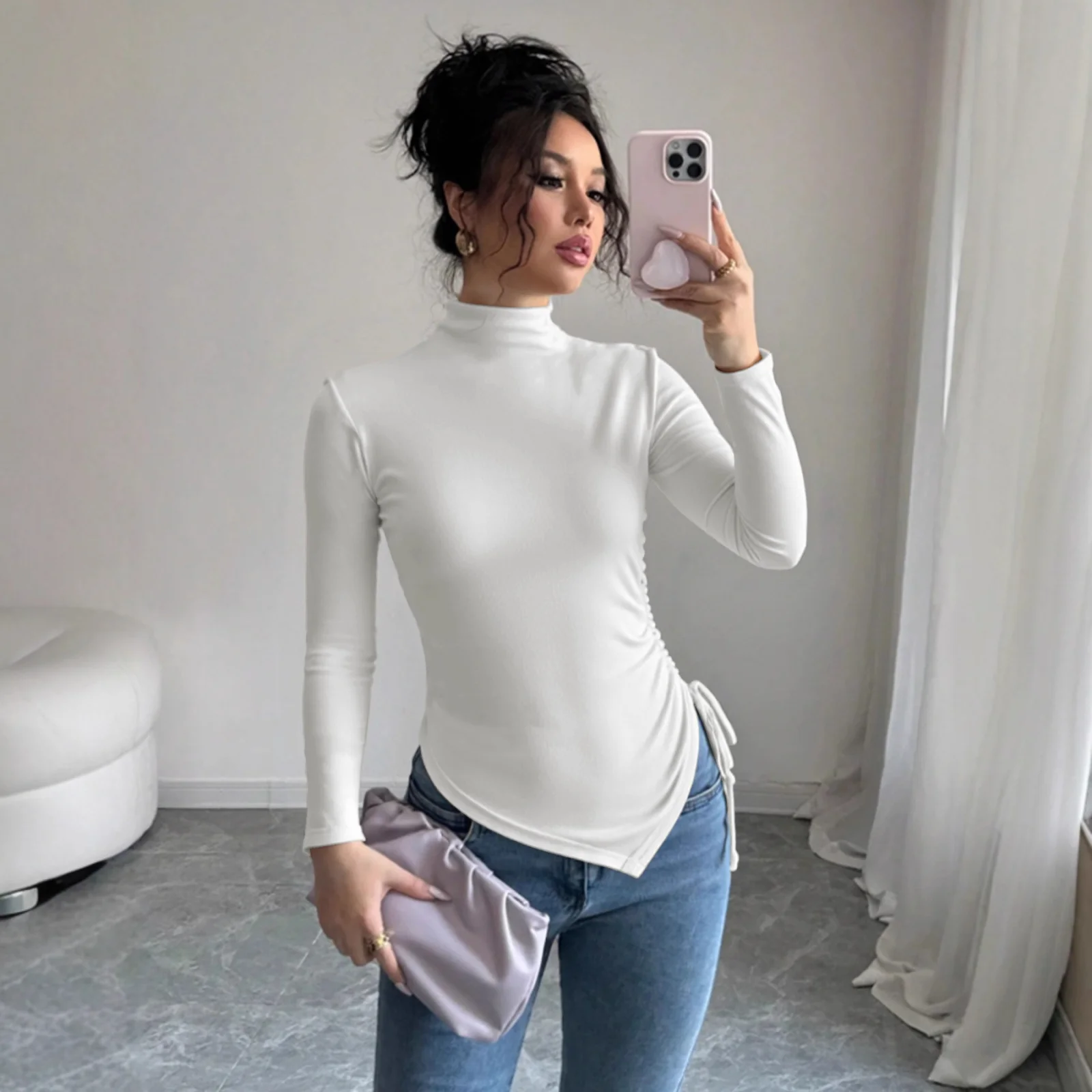 Soft Teddy Fleece Semi‑High Neck Base Layer – Women’s Cozy Long‑Sleeve Top
