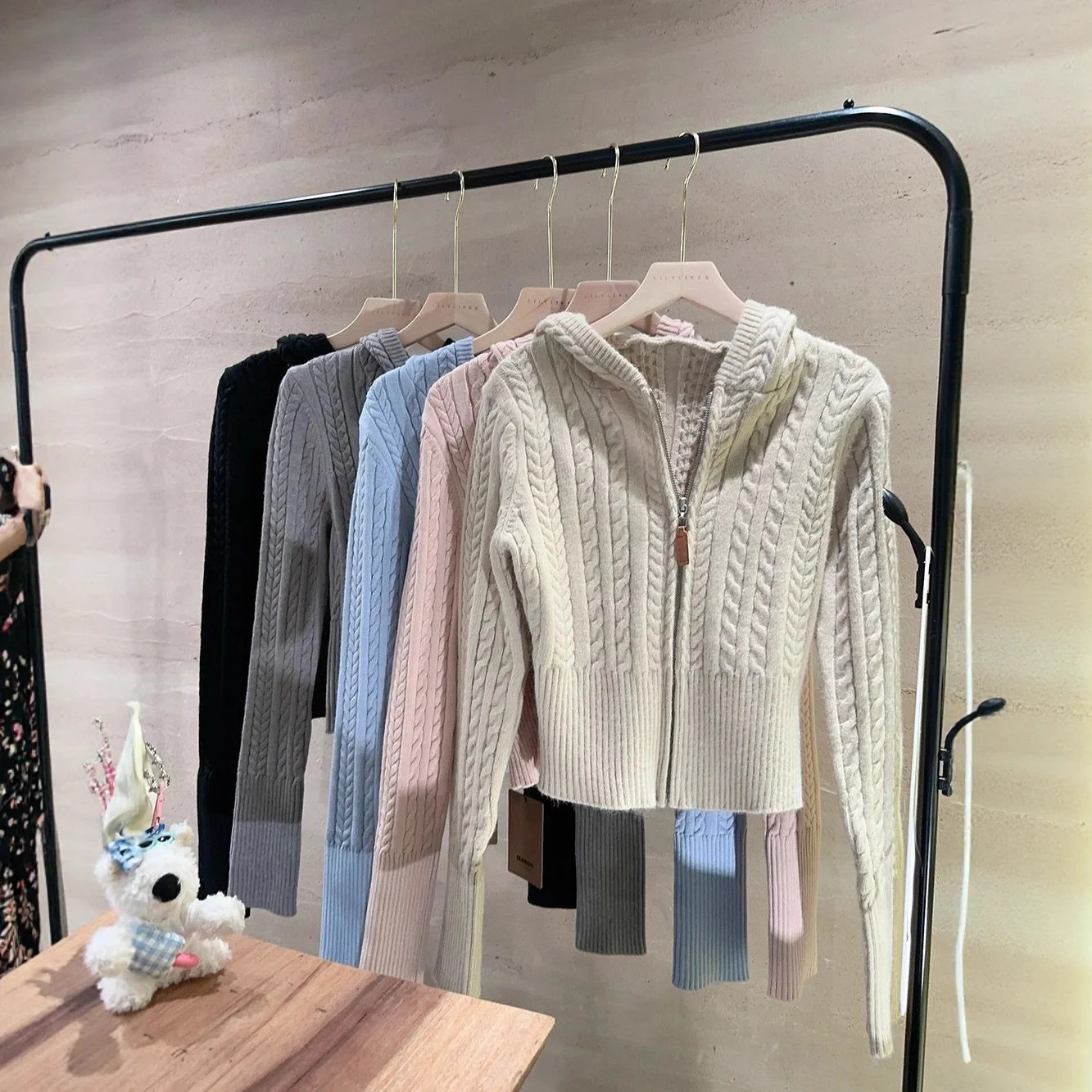 Soft Textured Knitted Hoodie with a Lazy Korean-style Zip-up Design