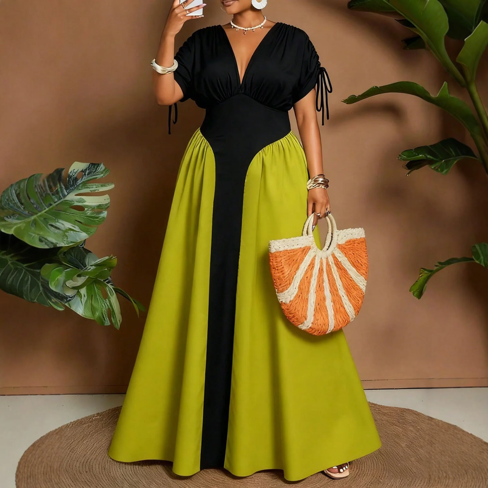 Solid-color Patchwork Waist-defined Midi Dress