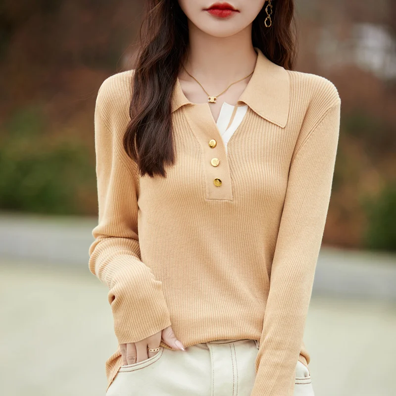 Spring Color Stitching Turnover Neck Design Women's Tencel Sweater