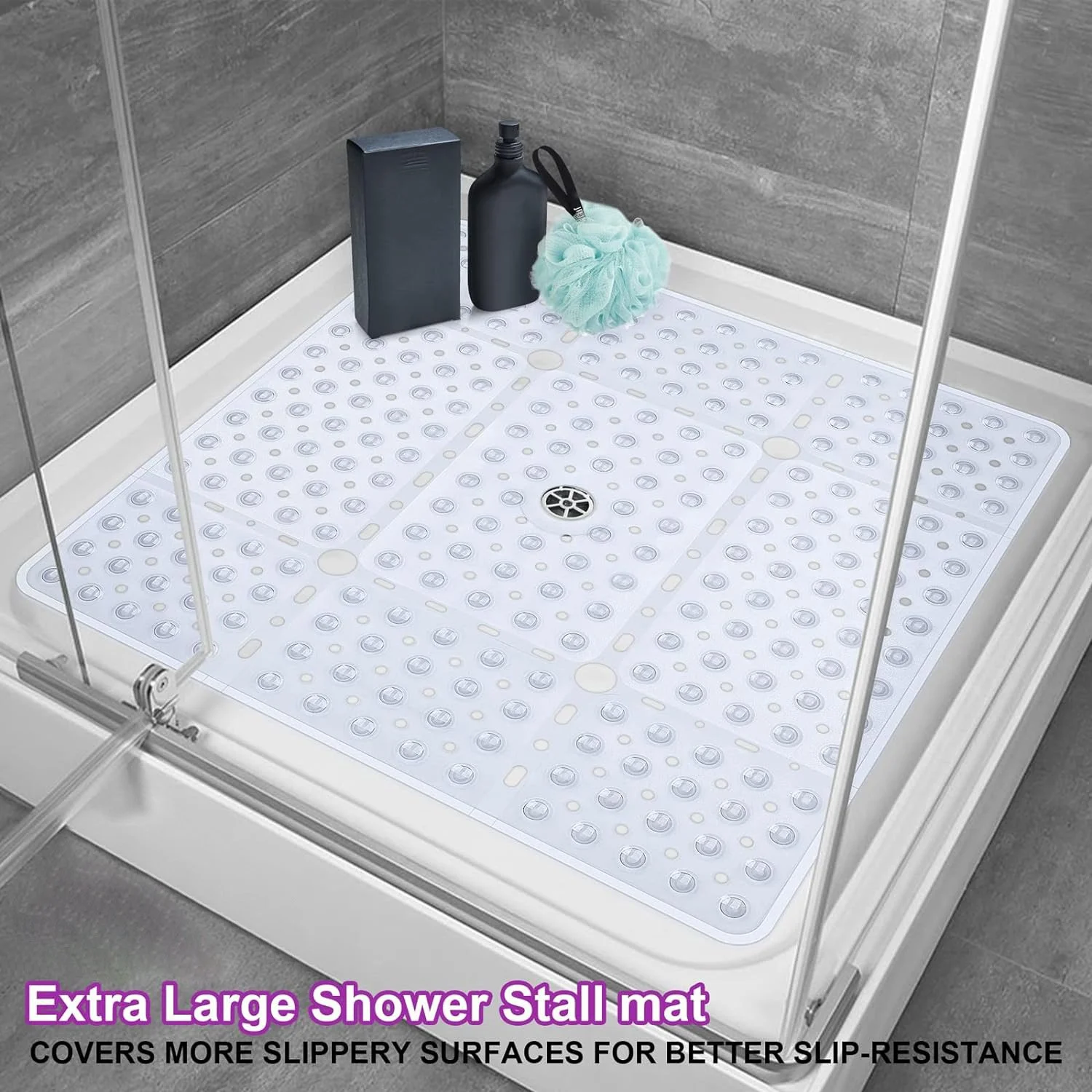 Square Bathroom Mat Non-slip Rug Toilet Suction-cup Foot Pad with Drain Holes