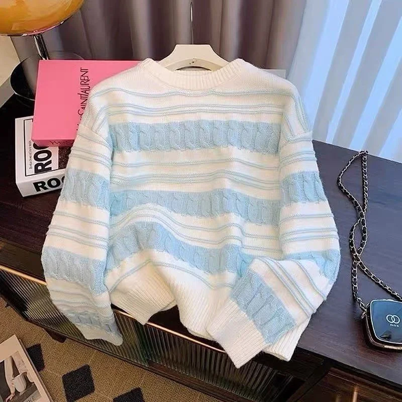 Striped French Cream Autumn Winter Sweater Loose Top