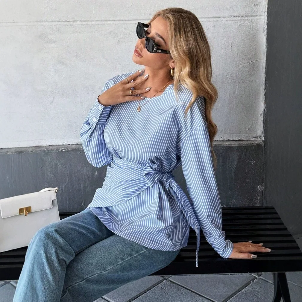 Striped Long Sleeve Blouse with Lace-up Detail