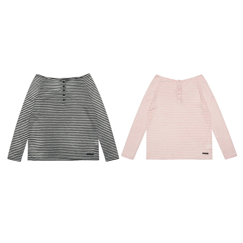 Striped Long Sleeve T-shirt Women Boat Neck Loose Thin Sunshade Cover
