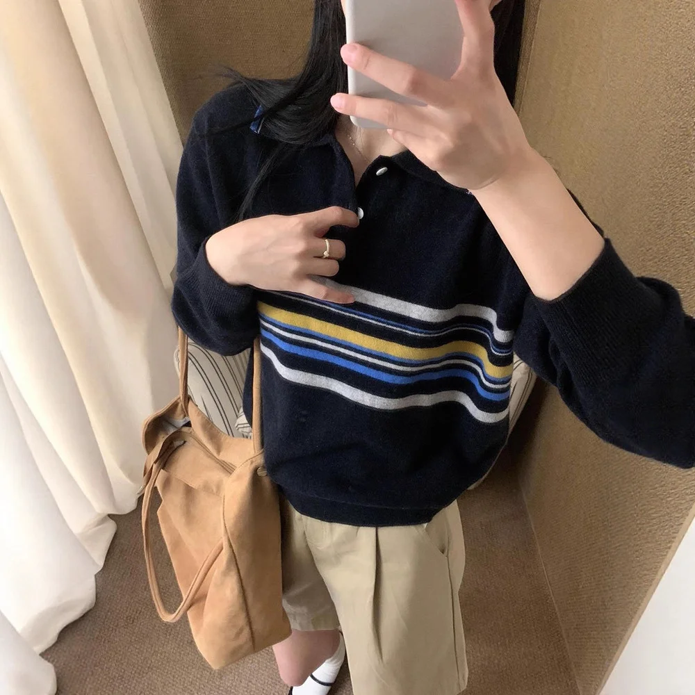 Striped Polo Collar Pullover Women's Loose Sweater