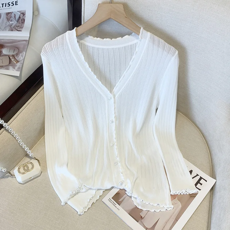Summer Knitted Thin Outerwear Shawl Womens Long-sleeve Short Sun-protective Jacket