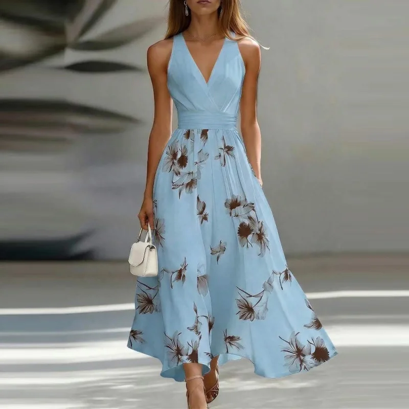 Summer New European and American Cross-border Sexy V-neck Floral Print Womens Dress