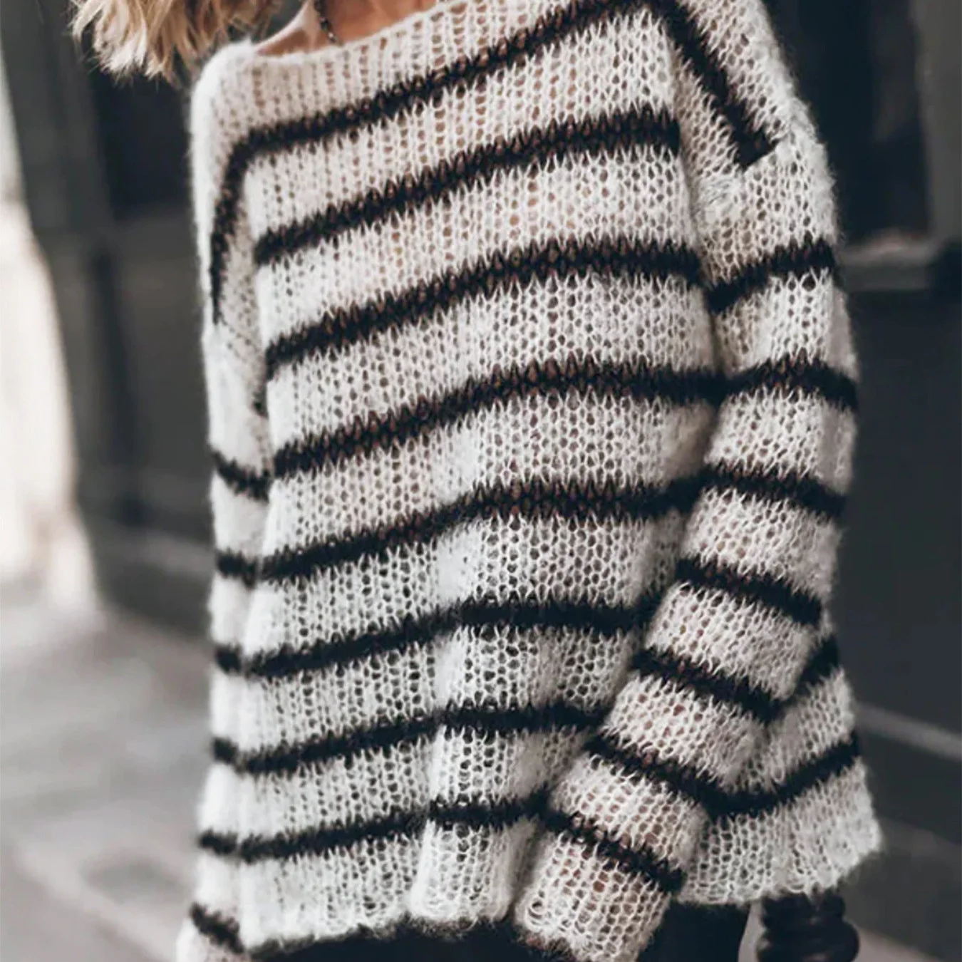 Sweater Women's Round Neck Long Sleeve Striped Blouse Casual Spring and Summer