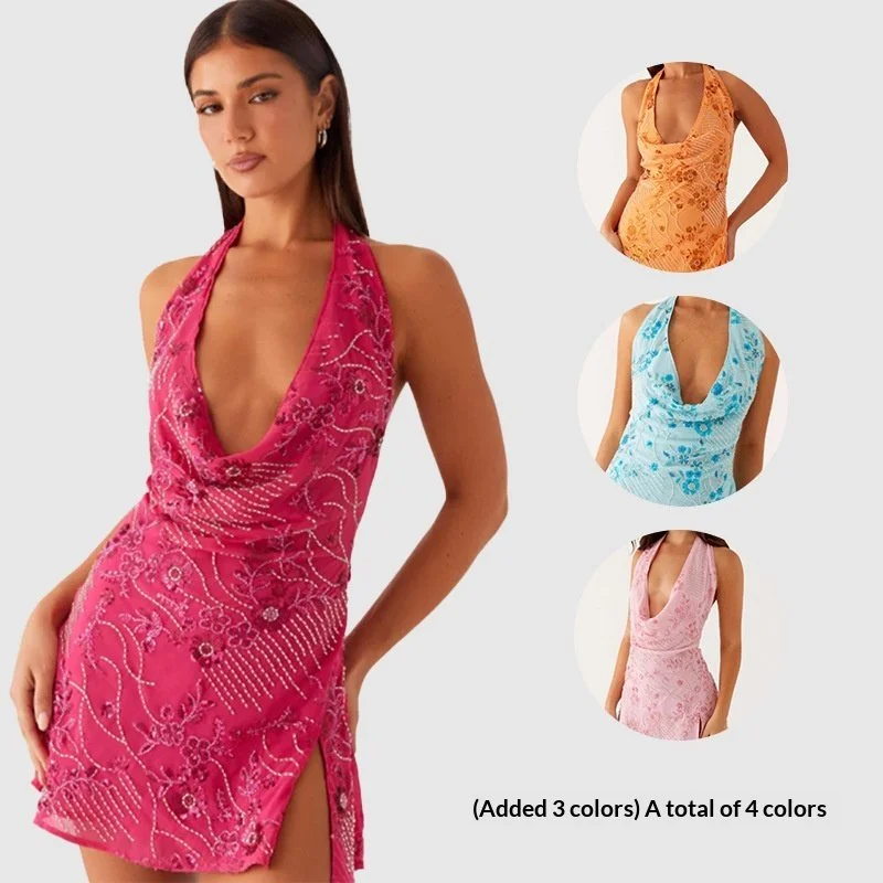 Sweet Beaded-embroidered Sequined Halter-neck Dress Womens New Sexy Style