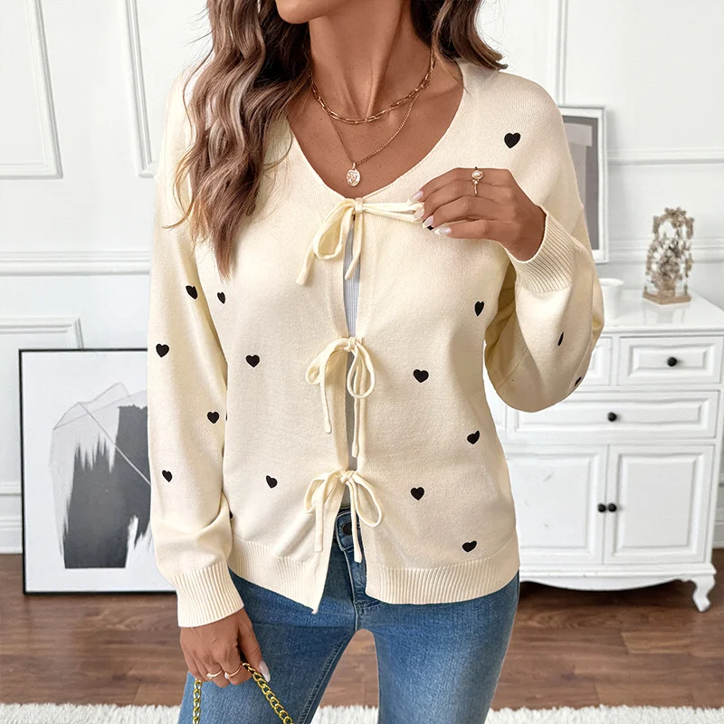 Sweet Cute Style Love Pattern V-neck Lace-up Cardigan Sweater Coat