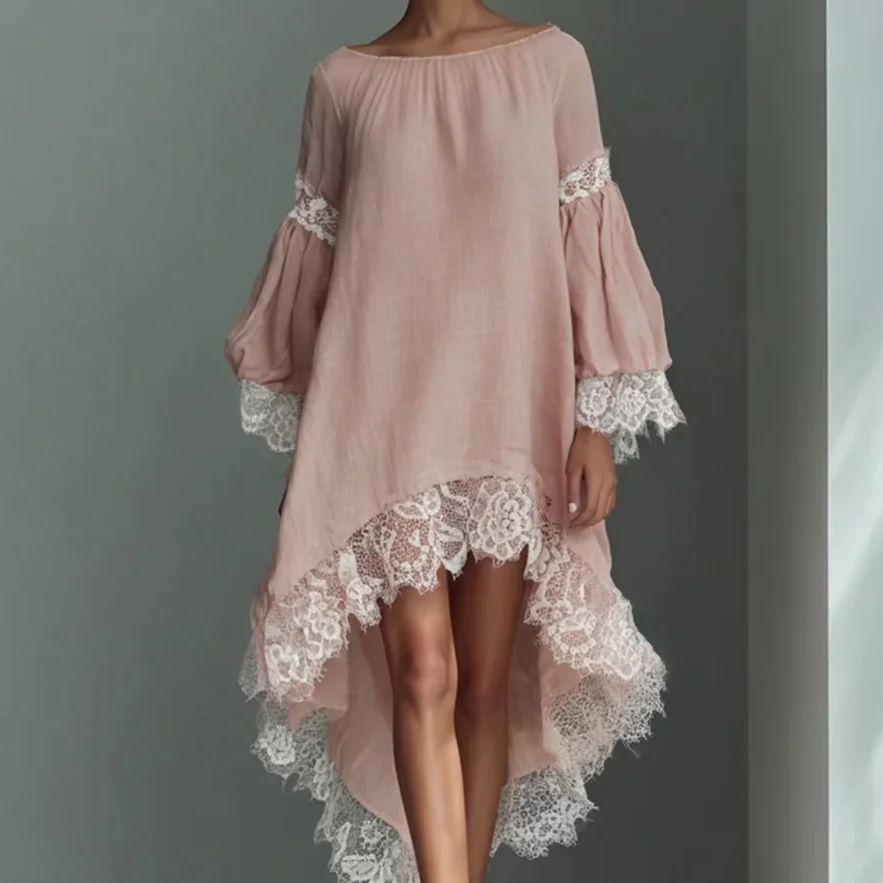Sweet Girly-style Loungewear Long-sleeve Solid-color Cotton Pajama Dress